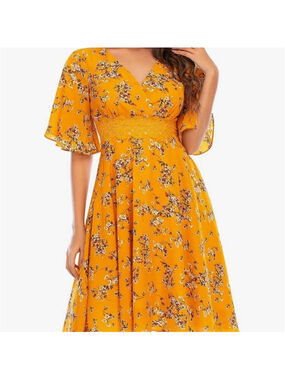 NEW-Floral-Chiffon-Midi Summer Cocktail Wrap V-Neck Wedding Guest Dress 2X